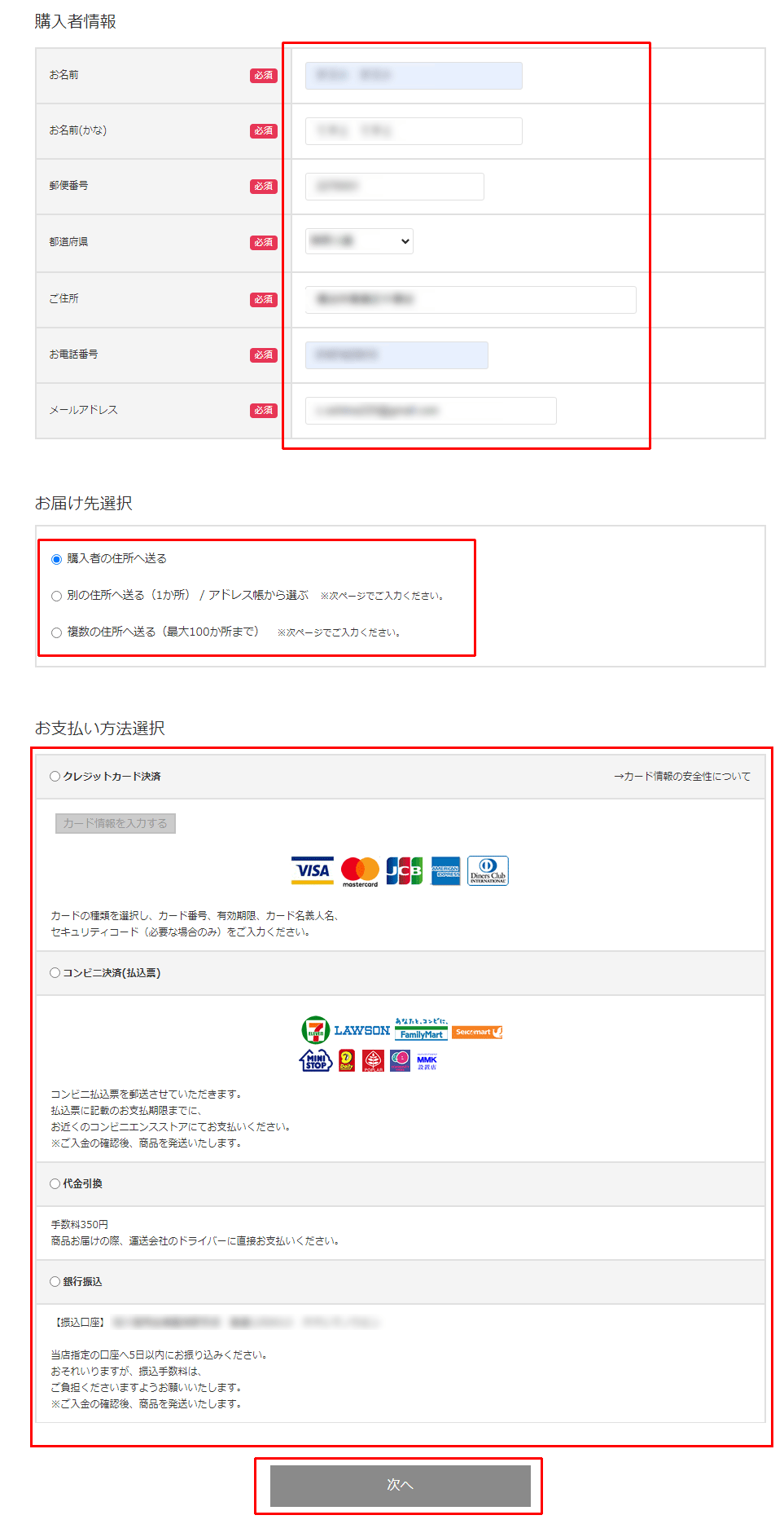 購入者情報を入力し、お支払い方法を選択